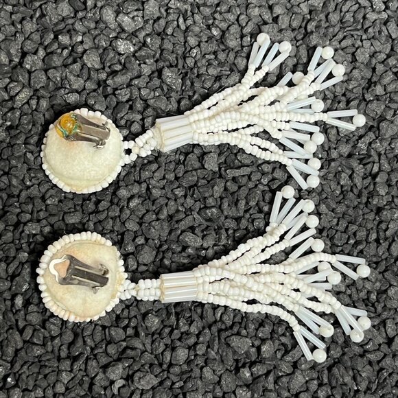 Vintage Native American Handmade White Beaded Clip-On Tassel Earrings - Picture 5 of 5